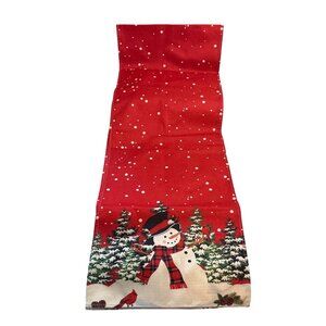 Snowman Christmas Table Runner Snow & Pine Trees Red & White 13" X 72"